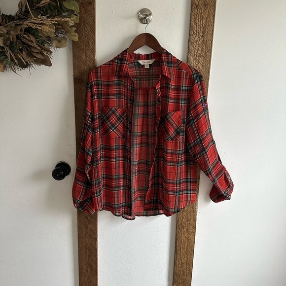 Y2K Decree Plaid Blouse Semi-Sheer Red Teal Yellow Button Front Women’s Medium - Picture 16 of 16